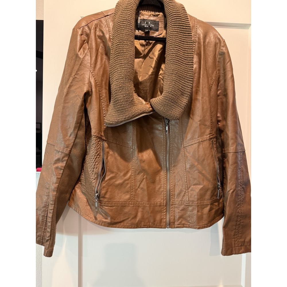 T LA Coalition Brown Biker Jacket 1X Full Zip Lined Knit Collar DPJ1123-P